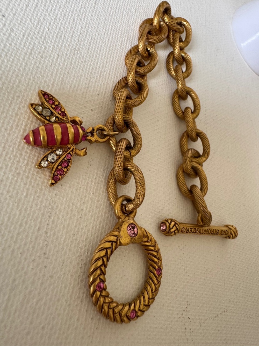 Jay Strongwater Bee Chain Charm Bracelet Pink Enamel Crystal Gold Tone Toggle